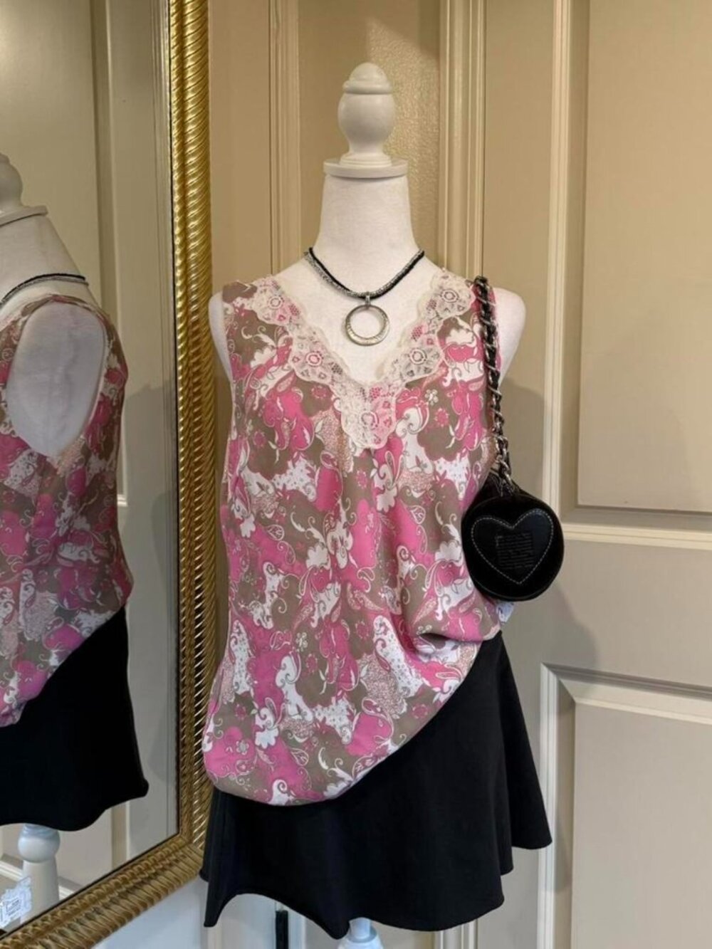 y2k cami lace top with floral patterning
